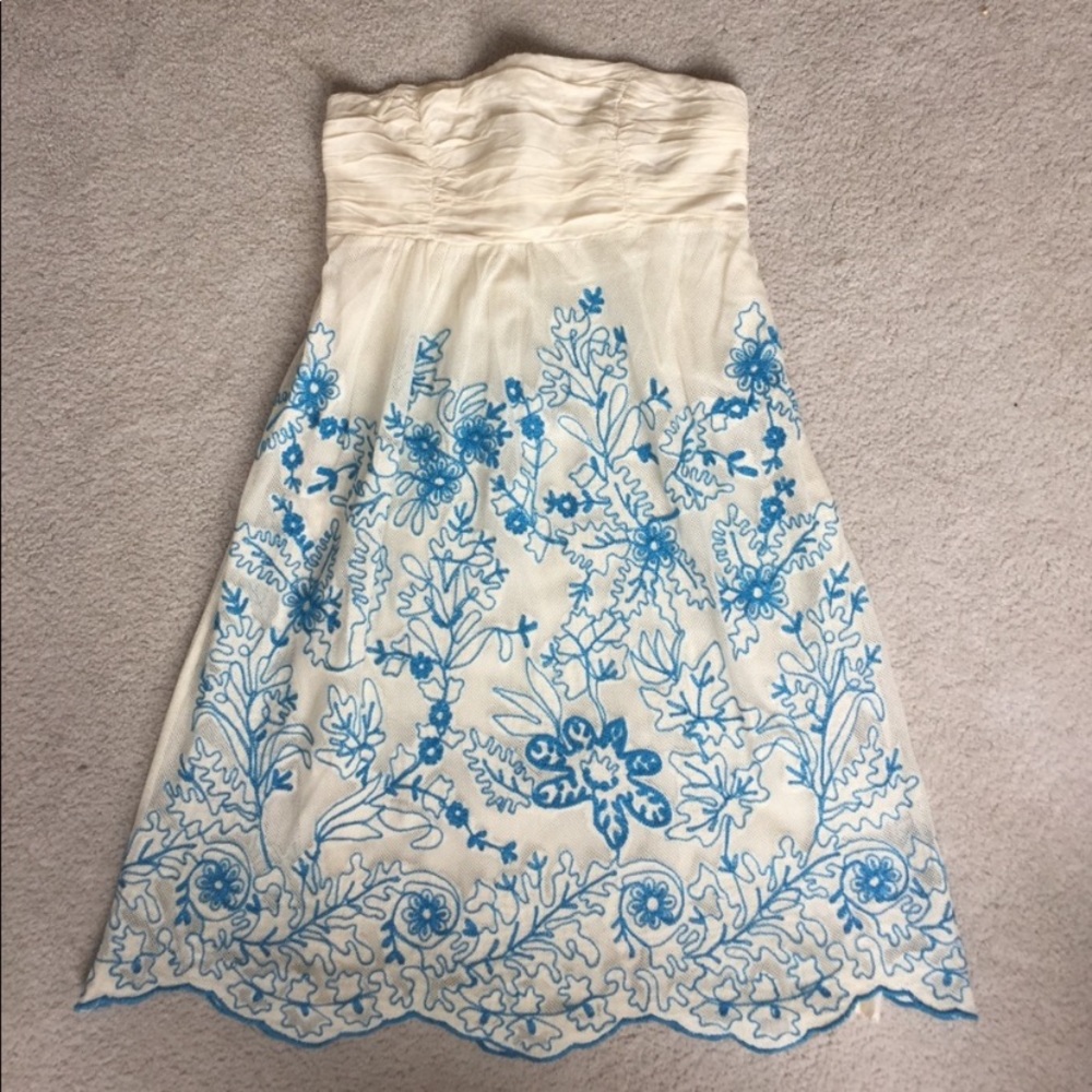 Anthropologie Cream and Blue Embroidered Dress